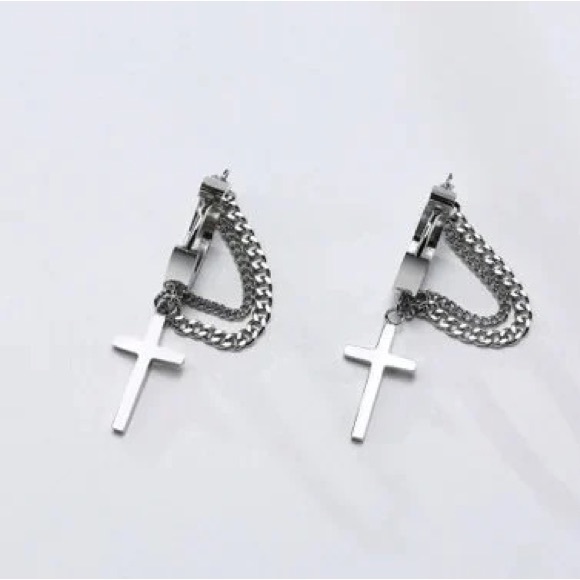 Mens Double Chain Cross Earring - Picture 7 of 9
